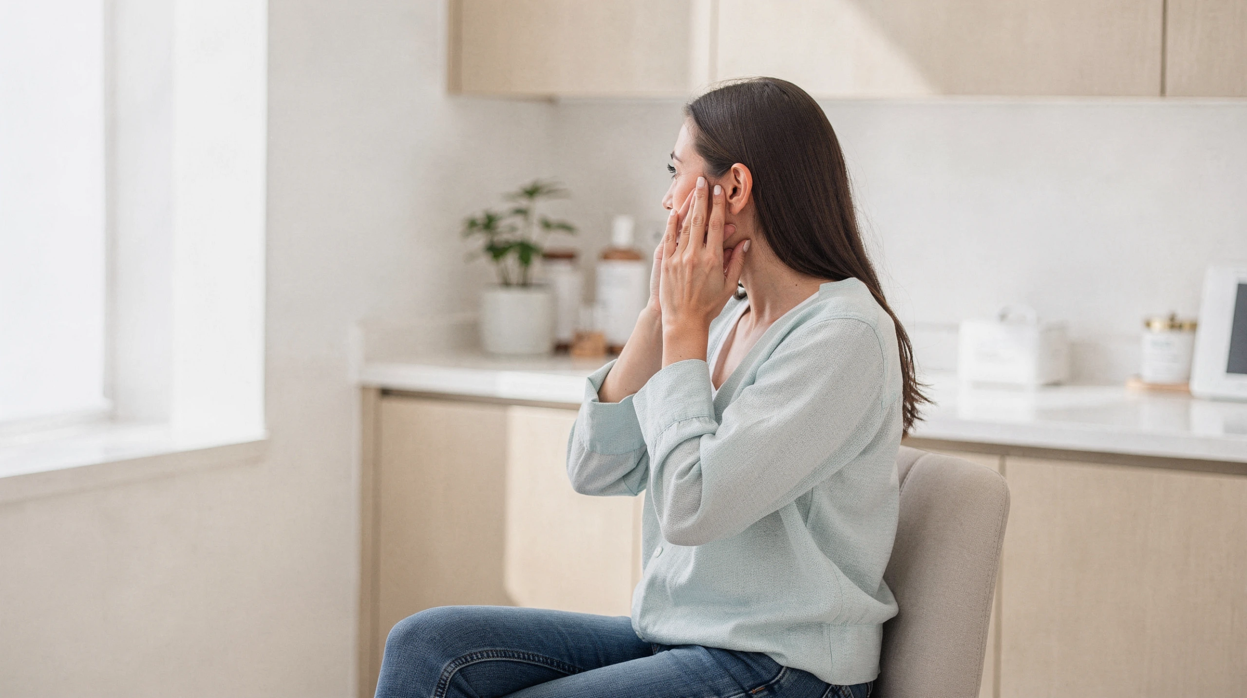 Woman holding her cheek in a modern medical office, experiencing ear or jaw discomfort